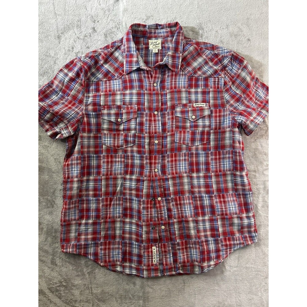 Lucky Brand Western Shirt Mens XL Red Plaid Short Sleeve Snap Button Pearl Snap